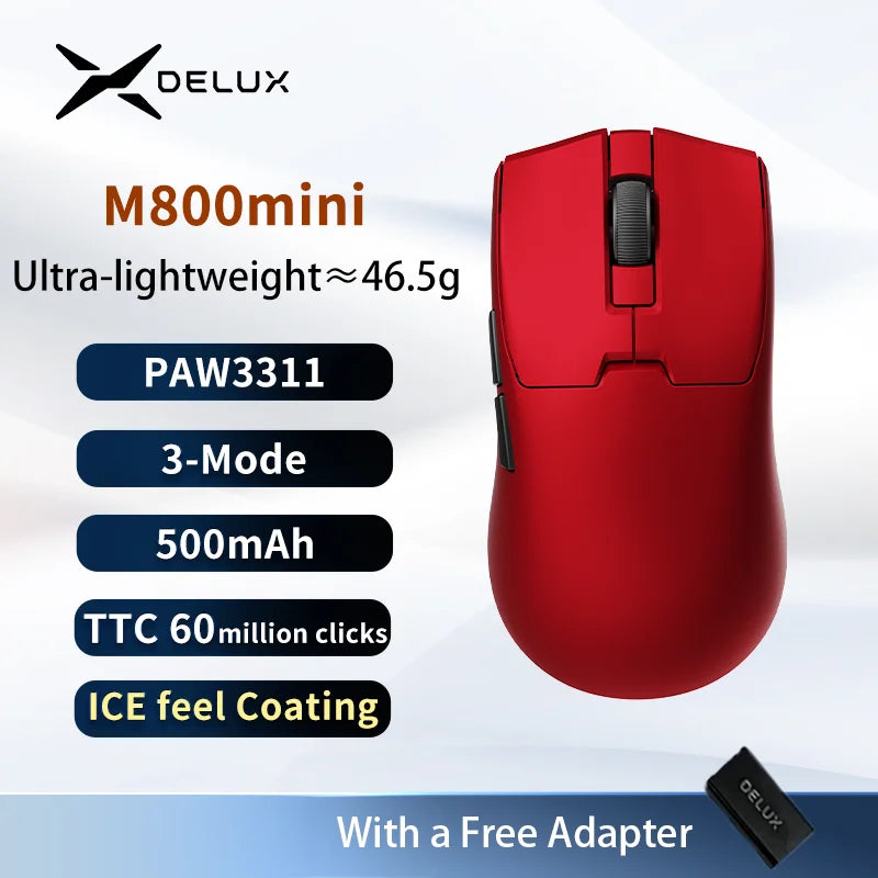 Mouse Gamer Sem Fio Delux M800mini, Ultraleve (46g), Sensor PAW3395
