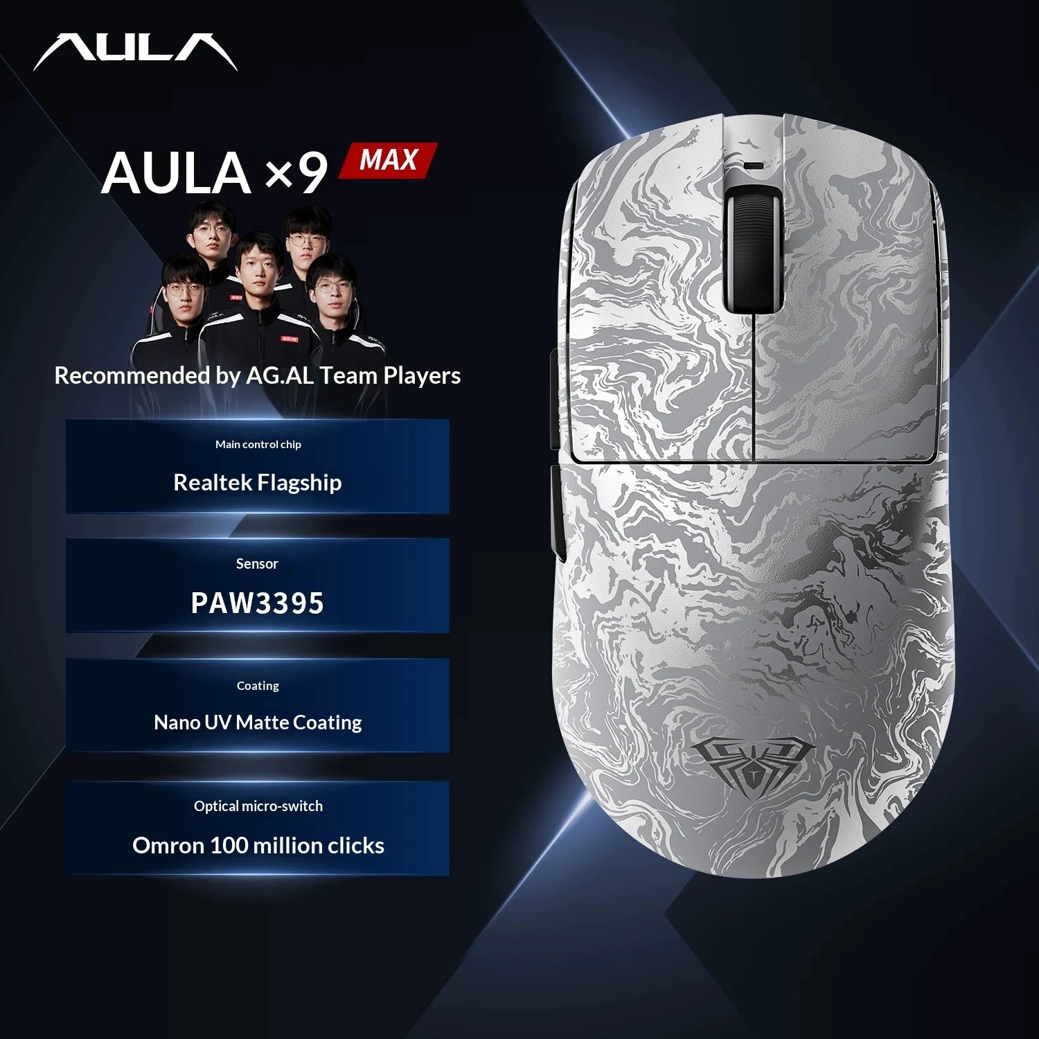 Mouse Gamer Sem Fio AULA X9 Max Ultra – Tri-Mode, Dual 8KHz, 50mAh, Sensor PAW3950