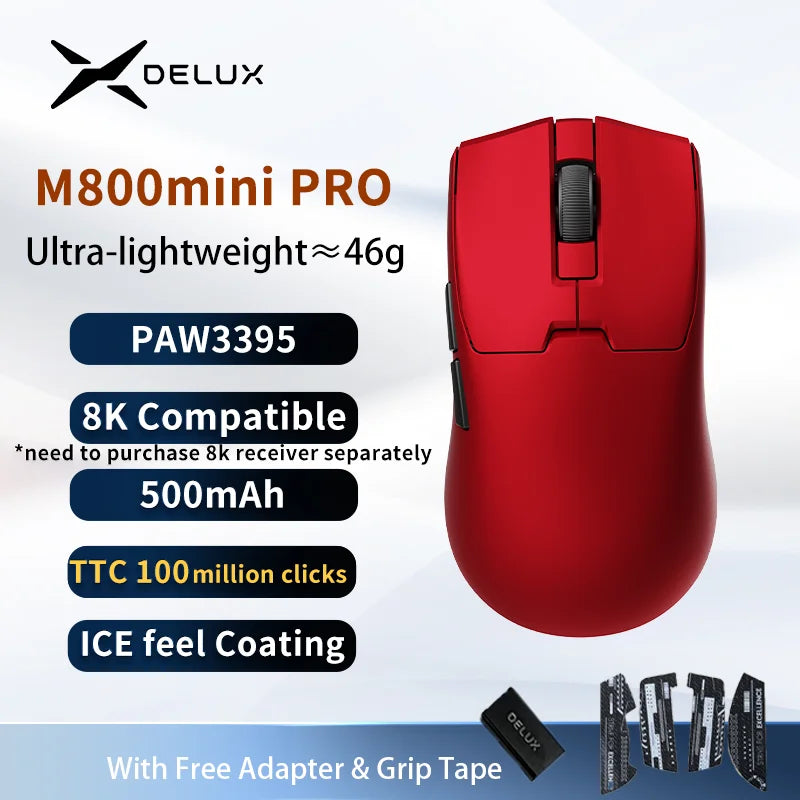 Mouse Gamer Sem Fio Delux M800mini, Ultraleve (46g), Sensor PAW3395