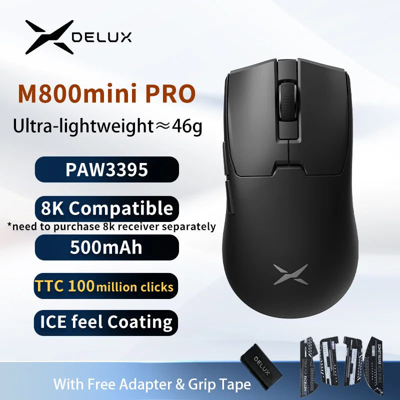 Mouse Gamer Sem Fio Delux M800mini, Ultraleve (46g), Sensor PAW3395