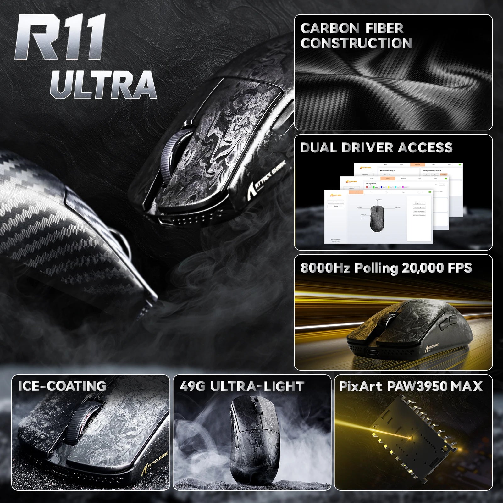 ATTACK SHARK R11 ULTRA Carbon Fiber Wireless Gaming Mouse, 8000Hz, PAW3950MAX, 42000DPI, 49g Lightweight, 20000FPS, Nordic 52840