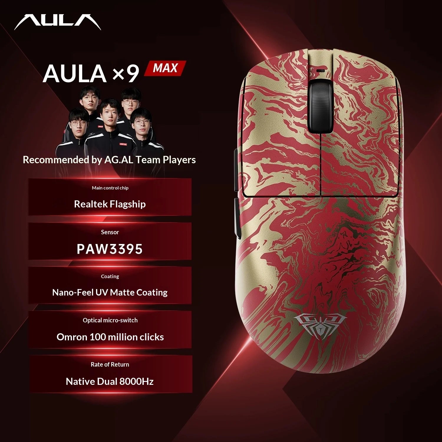 Mouse Gamer Sem Fio AULA X9 Max Ultra – Tri-Mode, Dual 8KHz, 50mAh, Sensor PAW3950