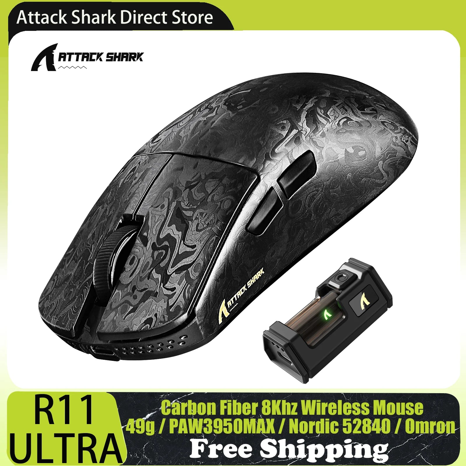ATTACK SHARK R11 ULTRA Carbon Fiber Wireless Gaming Mouse, 8000Hz, PAW3950MAX, 42000DPI, 49g Lightweight, 20000FPS, Nordic 52840