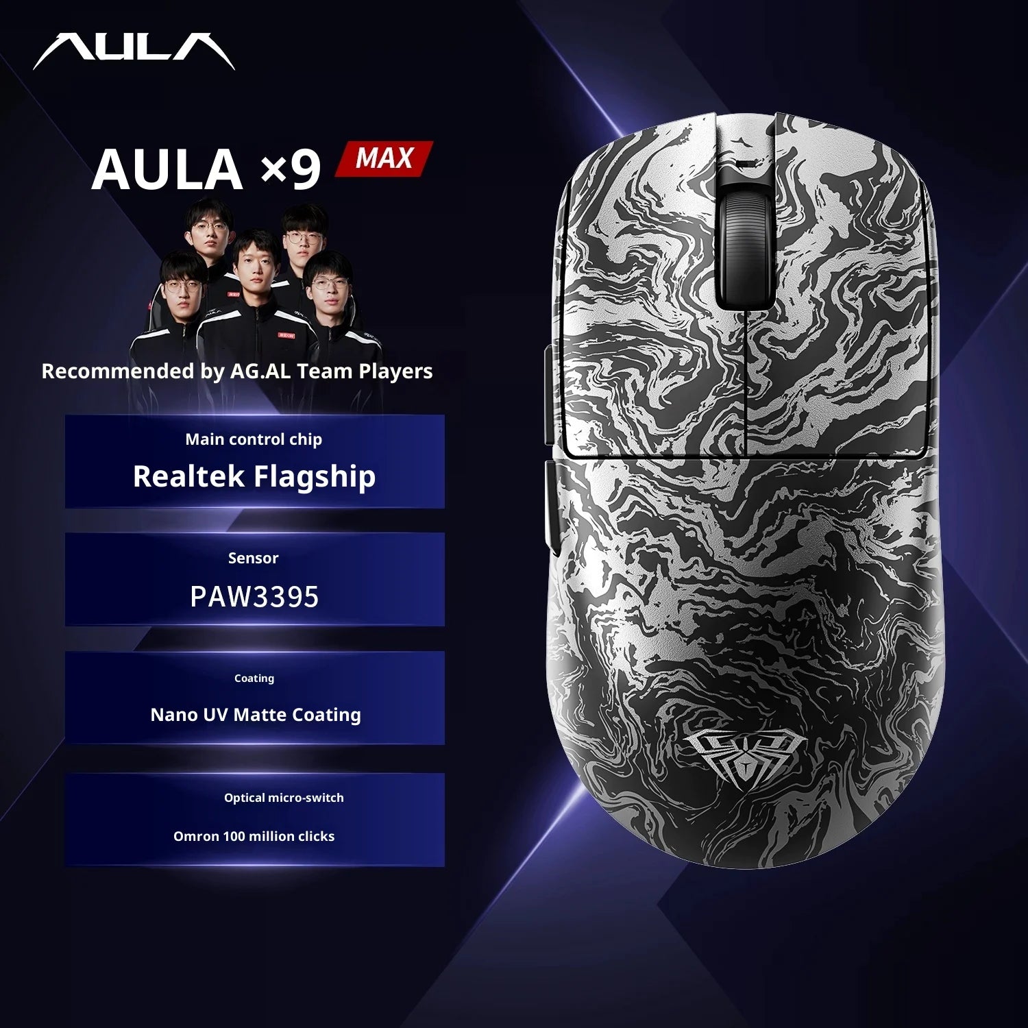 Mouse Gamer Sem Fio AULA X9 Max Ultra – Tri-Mode, Dual 8KHz, 50mAh, Sensor PAW3950