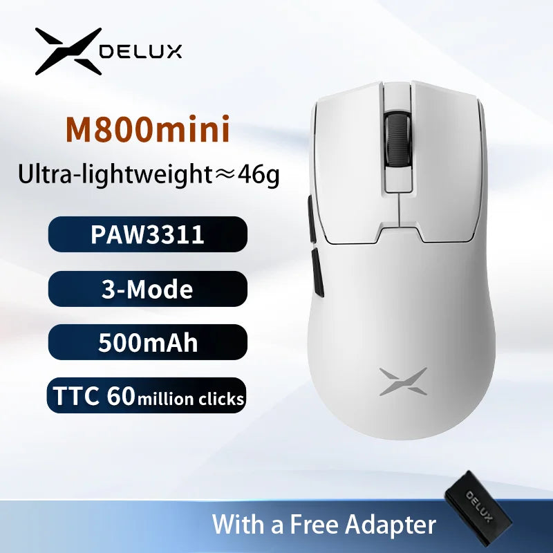 Mouse Gamer Sem Fio Delux M800mini, Ultraleve (46g), Sensor PAW3395